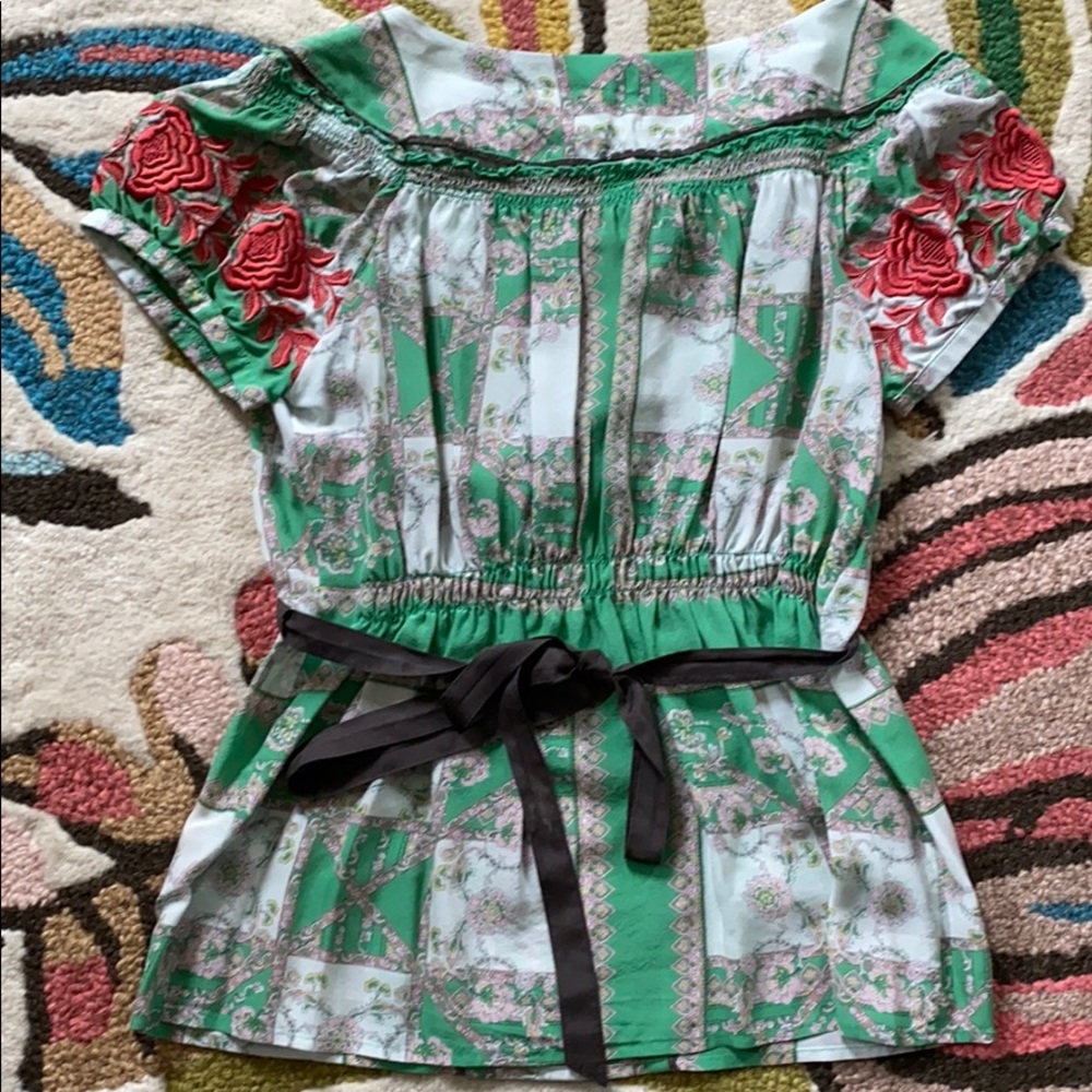 Anthro green floral short sleeve top size 6 - Picture 4 of 10